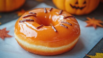Poster - Halloween Themed Glazed Pumpkin Donut Decorated with Chocolate Stripes on Rustic Background