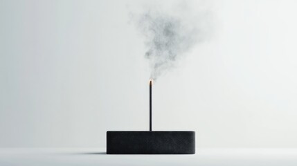 Poster - Elegant incense stick releasing wisps of smoke in minimalist holder against a soft white backdrop creating a serene atmosphere.