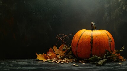 Poster - Halloween pumpkin arrangement with autumn leaves and seeds on a dark background highlighting seasonal decorations and cozy atmosphere
