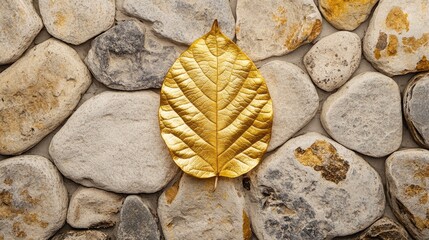 Poster - Golden leaf placed on textured stone cobblestone background showcasing a blend of nature and stone elements in harmony.