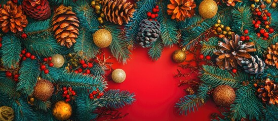 Poster - Vibrant Christmas flat lay with pine cones and ornaments ideal for festive designs and holiday marketing materials