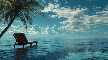 Poster - Serene tropical beach scene with a lounge chair by the ocean under a clear sky ideal for relaxation and holiday vibes