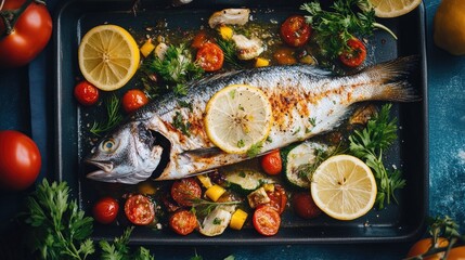Aufkleber - Freshly Prepared Whole Fish Dish Garnished with Lemon Slices and Colorful Vegetables Served on a Rustic Tray