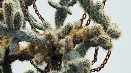 Aufkleber - Hanging Chain Cholla cactus intertwined with rusted chains showcasing unique desert flora and artistic composition in natural settings