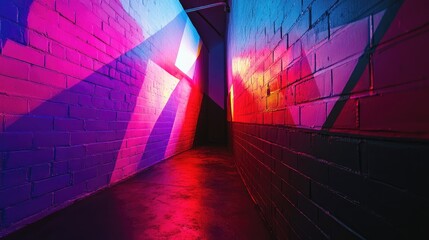 Poster - vibrant geometric light patterns on painted brick walls in a dimly lit corridor