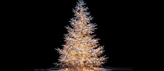 Poster - Festively illuminated Christmas tree with sparkling lights set against a dark background creating a warm holiday atmosphere