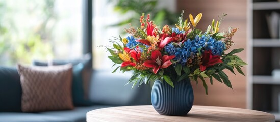 Poster - Modern living room interior showcasing a chic wooden table with a colorful artificial flower arrangement for design inspiration and decor ideas.