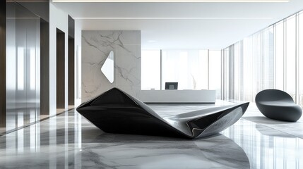 Poster - modern minimalist interior design showcasing an abstract black sculpture on elegant marble flooring 