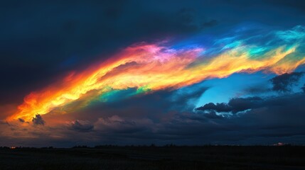 Aufkleber - Vibrant rainbow illuminating a dark sky with dramatic clouds near a serene road landscape