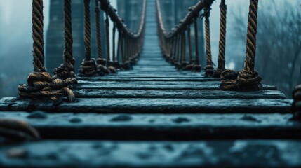 Poster - Rope bridge leading to observation towers with a focus on the weathered wooden planks and textured ropes under misty atmospheric conditions