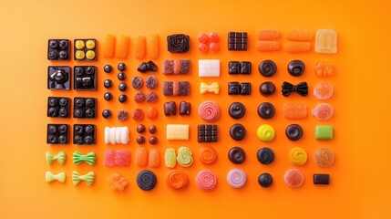 Poster - Colorful Assortment of Halloween Treats and Candies Displayed on Bright Orange Background