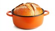 © VirtualVista - Rustic Round Loaf of Freshly Baked Bread in an Orange Cast Iron Pot on Clean White Background
