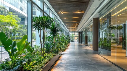 Poster - Indoor winter garden design featuring lush greenery and natural light in a modern commercial corridor with large windows.