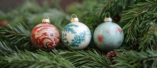 Aufkleber - Handmade Christmas ornaments resting on green spruce branches capturing festive holiday spirit and seasonal charm in a cozy atmosphere