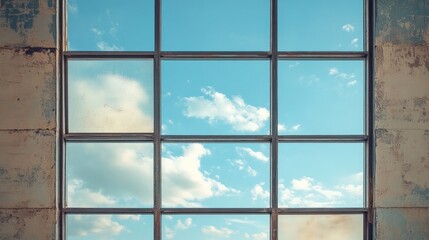 Poster - Vintage window frame showcasing blue sky and clouds, emphasizing architecture and natural light in an interior space design.