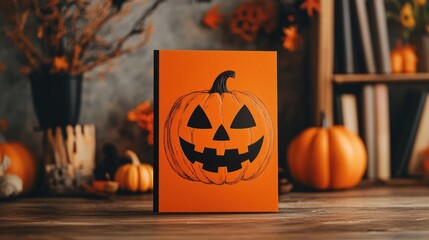 Aufkleber - Halloween Pumpkin Jack o Lantern Displayed with Autumn Decorations in Cozy Indoor Setting Vertical Card