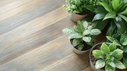 Aufkleber - Home interior with beautiful small potted plants arranged on a wooden floor creating a calming and inviting atmosphere