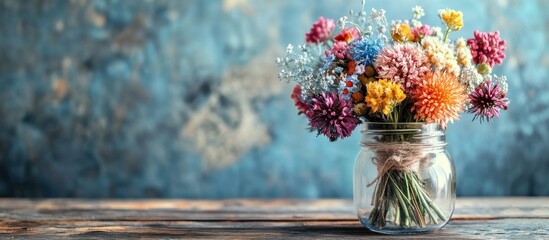 Poster - Assorted colorful flowers in a rustic jar on a weathered wooden table perfect for home decor and special gifting occasions