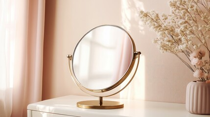 Aufkleber - Elegant Bedroom Decor with Vintage Makeup Mirror and Soft Pink Accents for a Cozy and Stylish Atmosphere