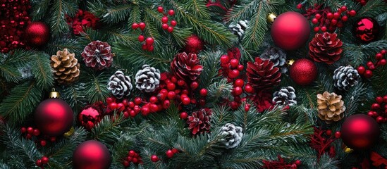 Poster - Vibrant top view holiday arrangement featuring festive Christmas decor with ornaments pinecones and berries ideal for seasonal marketing designs