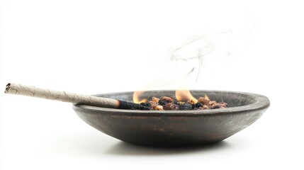 Poster - Incense stick emitting aromatic smoke from rustic holder against a white background for relaxation and meditation concepts