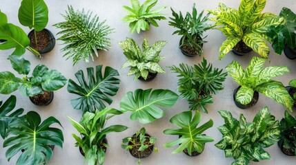 Poster - Diverse tropical plants arranged in pots on a neutral background showcasing vibrant foliage and lush greenery for nature and decor themes