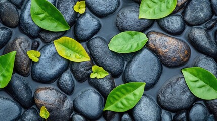 Poster - Pebble stones and green leaves floating on water surface creating a serene and tranquil natural background for relaxation and wellness themes