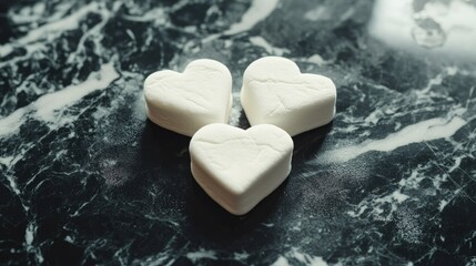 Aufkleber - Heart-shaped marshmallows arranged on a dark marble surface for a romantic or festive theme in food photography.