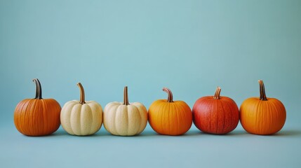 Aufkleber - Colorful Assortment of Decorative Pumpkins on Turquoise Background for Halloween and Fall Seasonal Celebrations