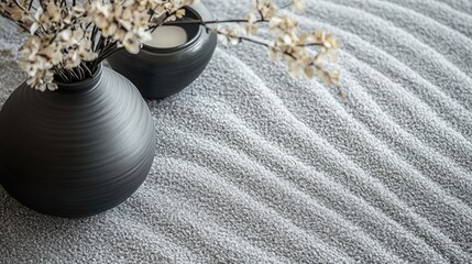 Poster - Elegant Gray Rippled Carpet Texture with Decorative Vases and Flowers for Modern Interior Design Aesthetics