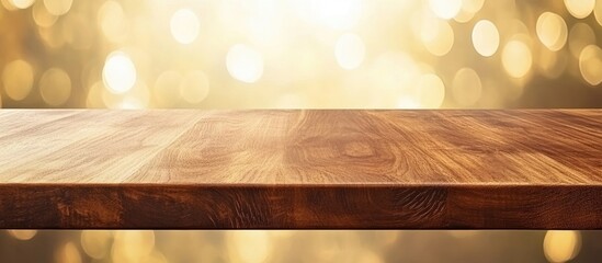 Aufkleber - Empty wooden table with rich brown finish against a blurred golden bokeh background perfect for product display in cafe or restaurant settings