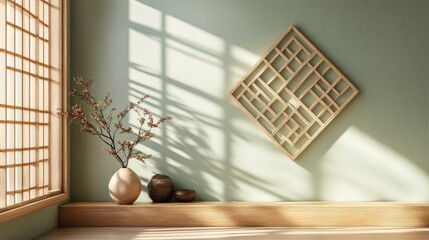 Wall Mural - Zen-inspired geometric home decor with soft light and natural elements creating a serene living space ambiance.