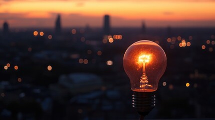 Poster - Burned out incandescent light bulb illuminated by a candle flame against a sunset city skyline with blurred lights