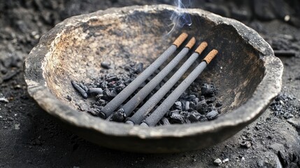 Poster - Incense sticks resting in a rustic bowl filled with ash creating a serene and meditative atmosphere of spirituality and relaxation