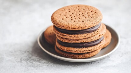 Aufkleber - Homemade cookie sandwiches with chocolate filling arranged on a plate against a light gray background delicious snacks natural ingredients