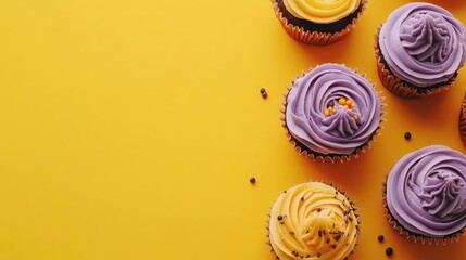 Aufkleber - Halloween themed cupcakes decorated with purple and yellow frosting on vibrant yellow background