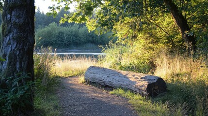 Aufkleber - serene sunrise at river park showcasing walking trail and old log surrounded by lush greenery and tranquil waters