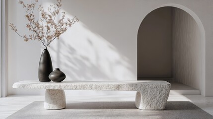 Poster - minimalist interior design showcasing a stone coffee table and stylish vases in a serene and modern 