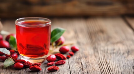 Poster - Refreshing strawberry and cranberry beverage with goji berry tea displayed on a rustic wooden table healthy tropical drink concept