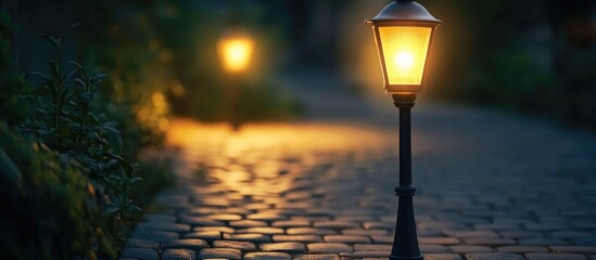 Poster - Warmly lit street lamp illuminating a serene cobblestone path during nighttime creating a cozy atmosphere for evening strolls.