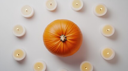 Poster - Halloween pumpkin illuminated by candles creating a warm festive atmosphere on a minimalist white background