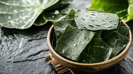 Poster - Fresh Taro Leaves with Water Droplets Capturing Nature's Refreshing Essence in a Rustic Bowl on a Dark Stone Surface