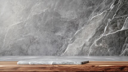 Poster - Gray marble tabletop with wood texture background perfect for showcasing products in stylish and contemporary settings