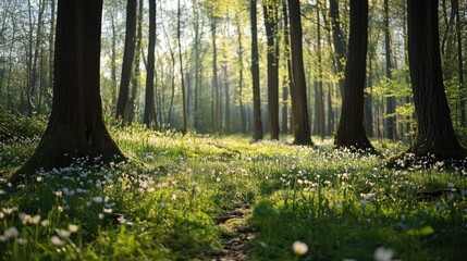 Poster - Sunlit forest path in spring showcasing vibrant greenery and blooming flowers under a serene sky