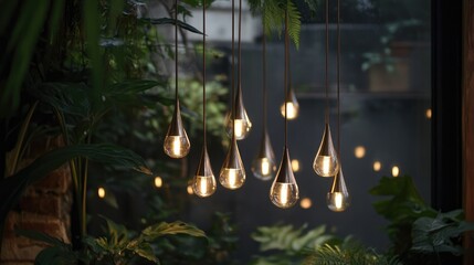 Poster - Modern pendant lights in a lush indoor setting creating a warm and inviting ambiance with greenery and soft illumination.