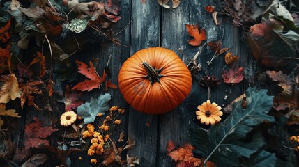 Poster - Autumn landscape with Halloween pumpkin surrounded by colorful leaves and flowers on rustic wooden table background