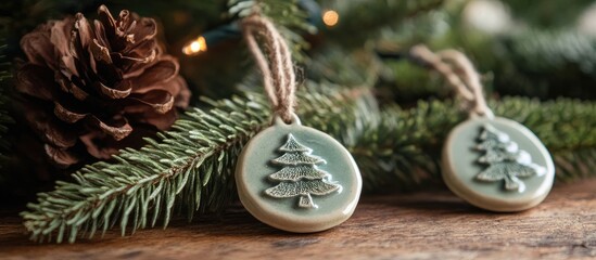 Poster - Handmade Christmas ornaments hanging on spruce branches creating a warm festive atmosphere and capturing seasonal charm and holiday spirit