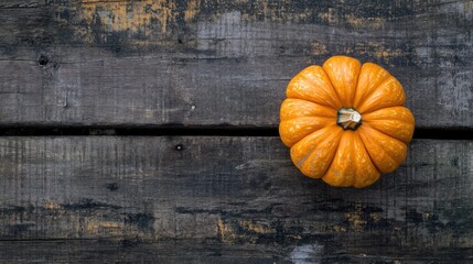 Poster - Autumn Decor with Vibrant Pumpkin Placed on Rustic Wooden Background for Halloween Celebration and Seasonal Festivities