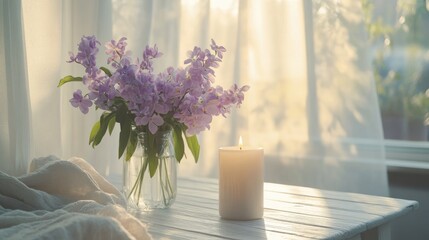 Poster - Fragrant purple flowers in a vase on a white wooden table with a candle, softly lit by natural light through a window curtain.