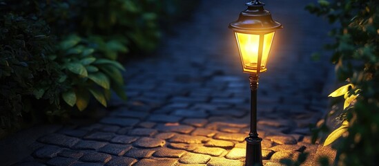Poster - Warmly lit street lamp illuminating a serene cobblestone pathway creating a peaceful nighttime atmosphere